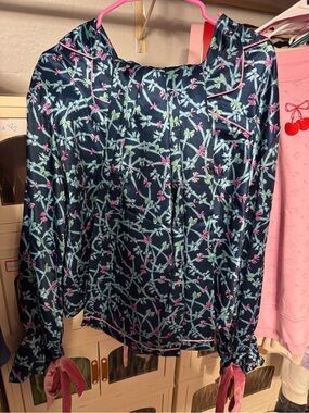 Simply Southern Navy Satin Floral Ribbon-Tie Blouse with matching pants